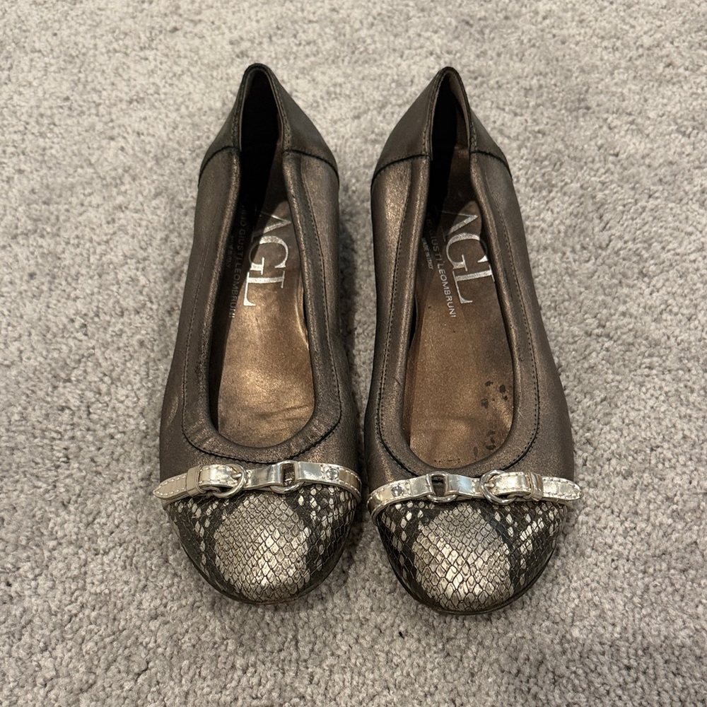 AGL Metallic Bronze Ballet Flats with Snakeskin-Textured Toe